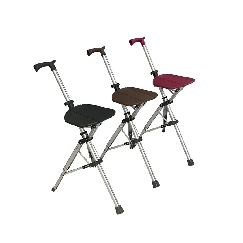 Folding Crutch Chair Aluminium Foldable Cane Chair Three Legged Cane Walking Stick with Stool