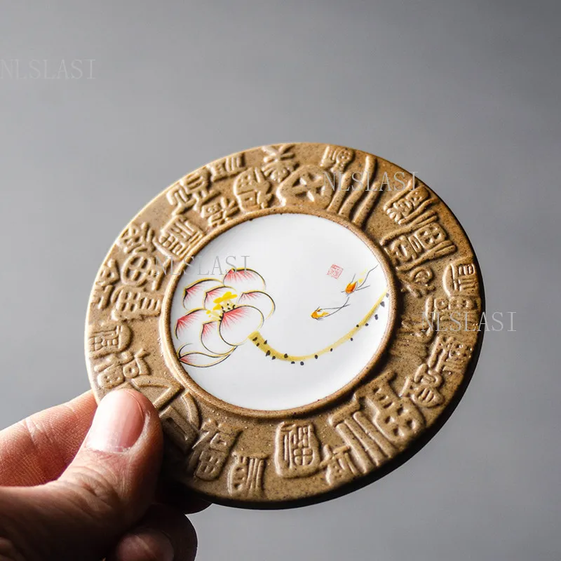 6pcs Zen Style Porcelain Coaster with Lotus Painting and Relief Pattern Details for Tea Ceremony and Coffee Table Decor