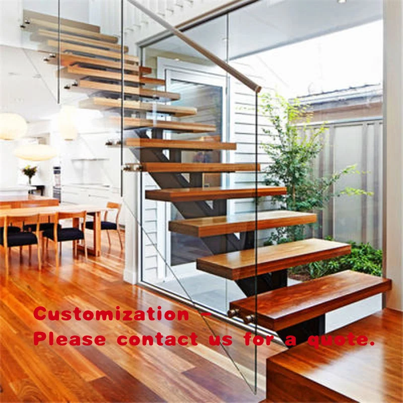 custom.Walnut Slab Wood Stairs Floating and Straight Stairs with American Red Oak Tread House