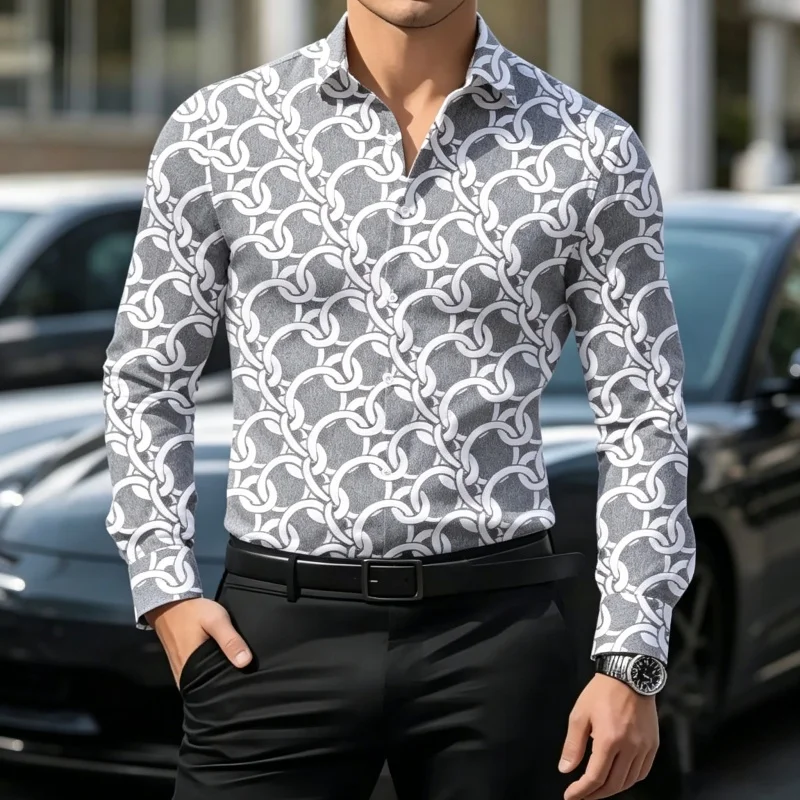 Men's Chain Print Long Sleeve Stand Collar Shirt Slim Fit Casual Button Up Blouse Luxury Streetwear Business Party Tops view 4