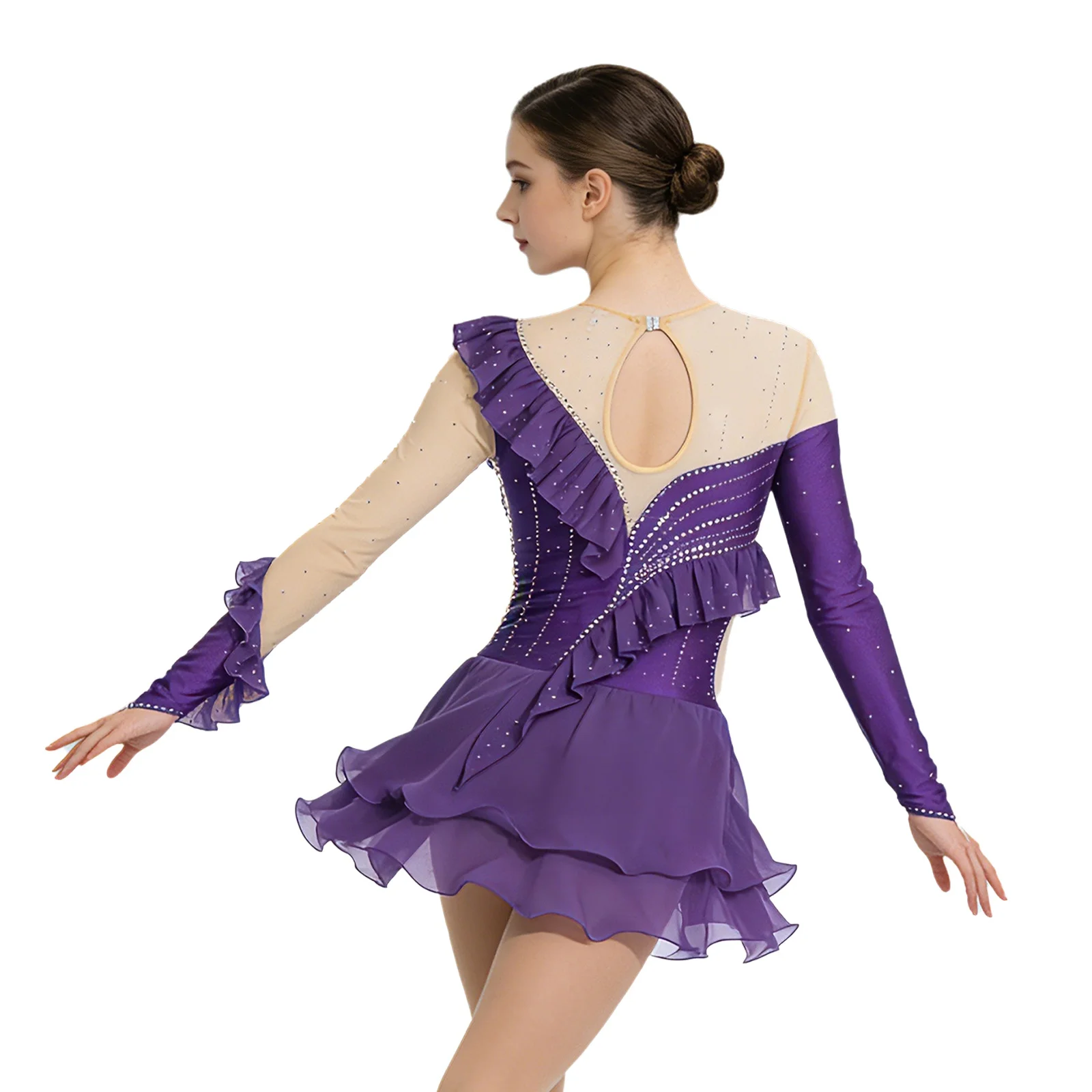 

Женское платье-купальник для фигурного катания, художественной гимнастики, современного танца, балета и лирических танцев с длинными рукавами, сетчатыми вставками и блестящими стразами