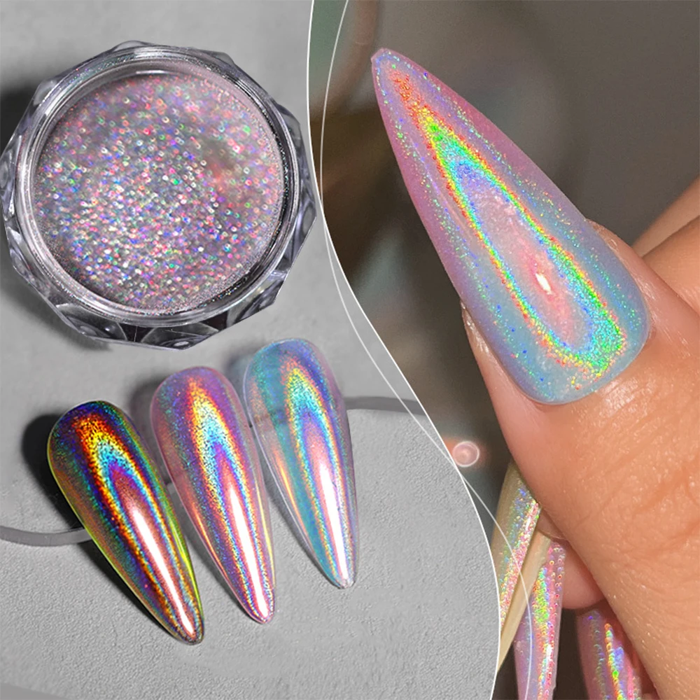 1 caja Super brillante láser Arco Iris brillo para uñas Podwer holográfica brillante Aurora cromo polvo para uñas pigmento polvo DIY Nail Art De