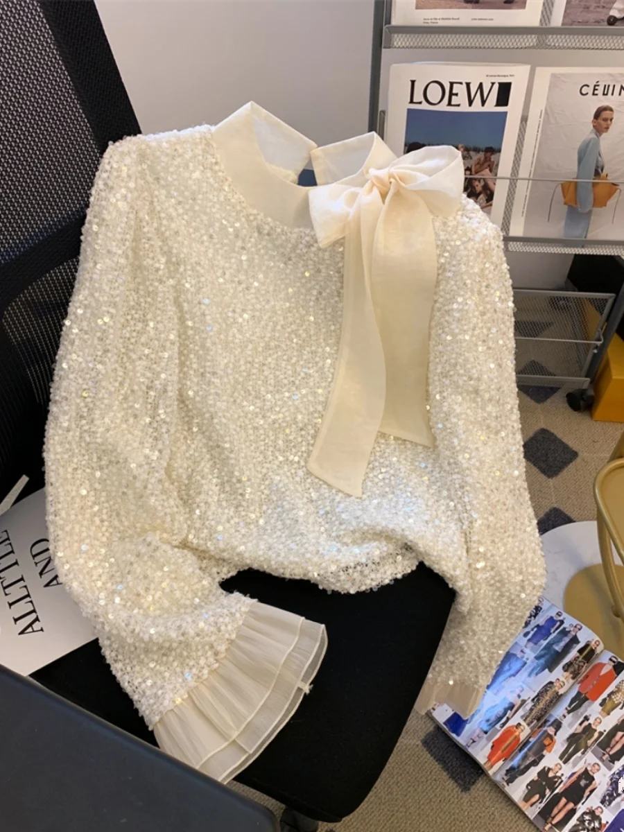 

Women's Unique Wardrobe Highlight for Fall Detailed Sequin Bow Blouse Intricate Bell Sleeve Shirt
