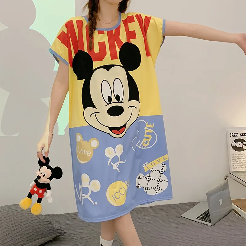 

Mickey Minnie Nightdress Women's Summer Short-sleeved Thin Cartoon Cute Loose Pajamas Students Round Neck Comfortable Home Wears