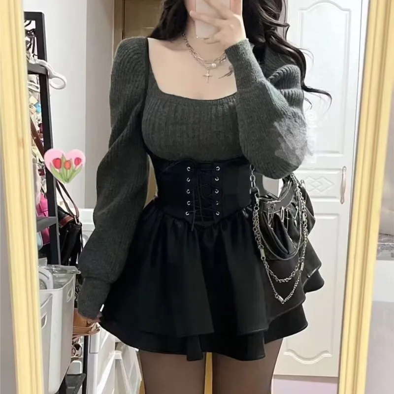 Autumn Winter New Two-piece Set Woman Casual Knitted Sweater High Waist Leather Black Mini Dress Korean Fashion Outfits Clohting