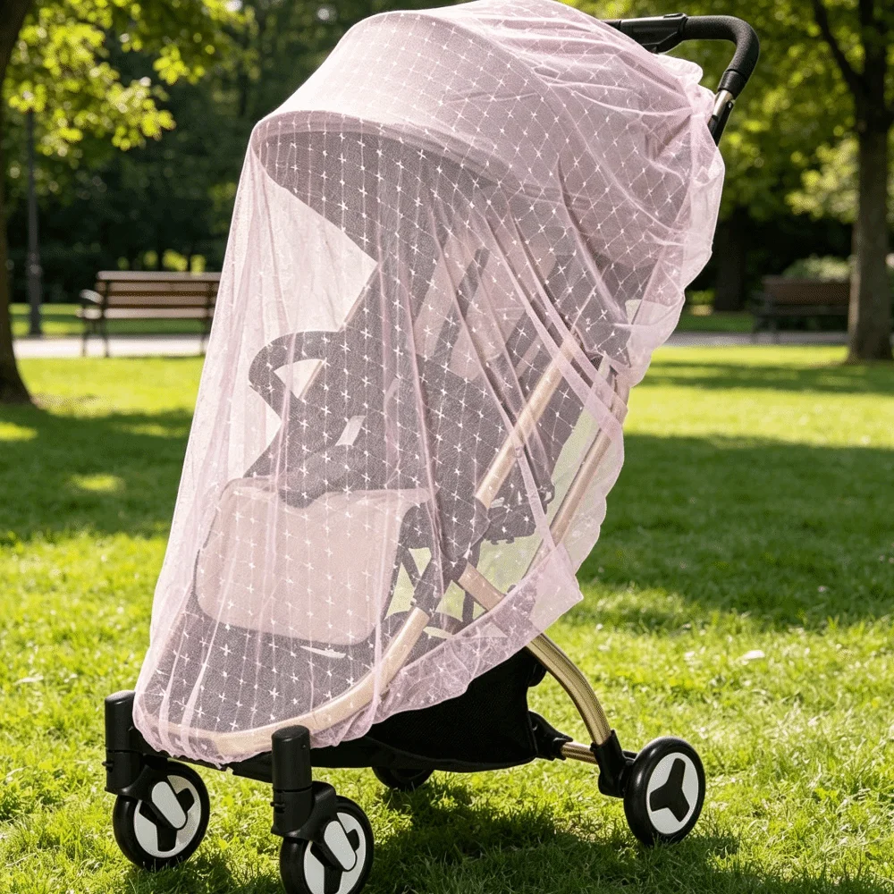 Full Coverage Pram Mosquito Net Windproof Sunshade Polyester Material Insect Shield Net Snug Fit Design Dense Mesh