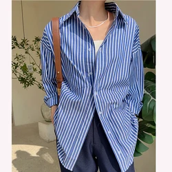 Retro Blue Stripe Women Shirts Korean Loose Button Office Female Blouse Autumn Preppy Style All Match Ladies Casual Tops