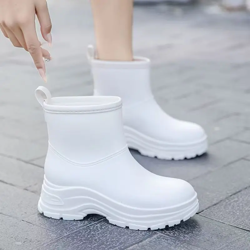 Women's Four Seasons New High Top Slip-On Rain Shoe Thick Sole Non Slip Waterproof Detachable Cotton Cover Work Shoe Water Shoes