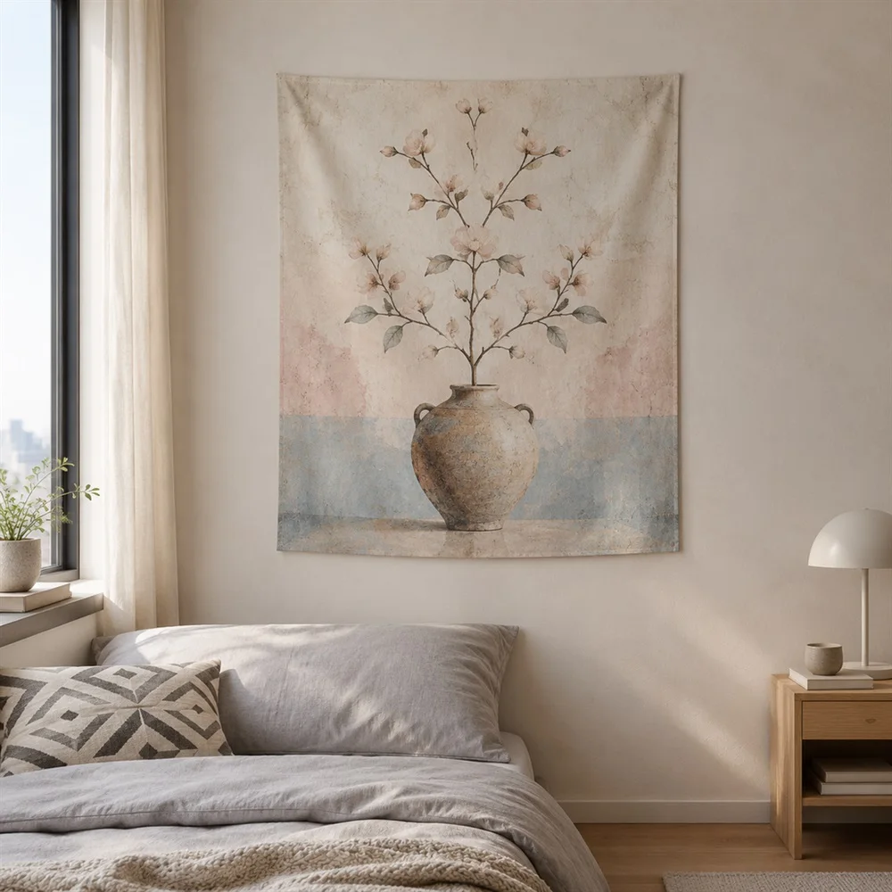 VIKAMA Clay Vase Still Life Mirror Symmetric Tapestry Wall Hanging, Wabi Sabi Wall Decor Tapestries for Living Room Bedroom