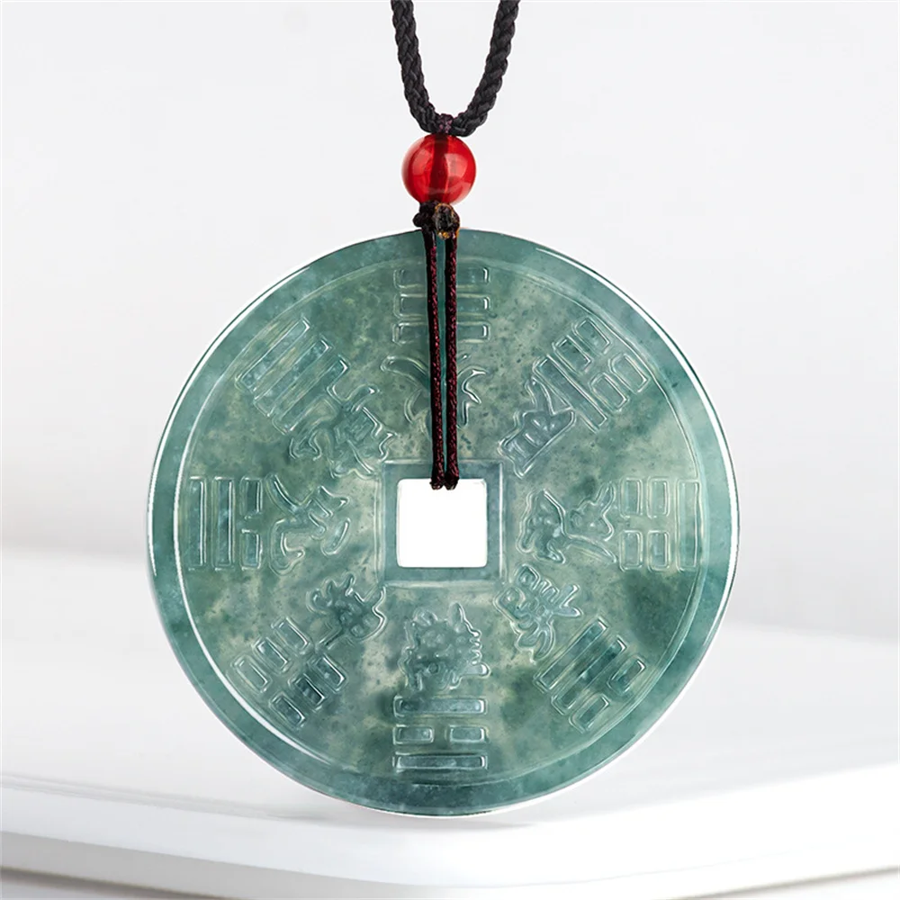 Natural Ice Green Jadeite Carved Ancient Coin Style Lucky Pendant Amulet Necklace Certificate Luxury Jade Vintage Gift Jewelry