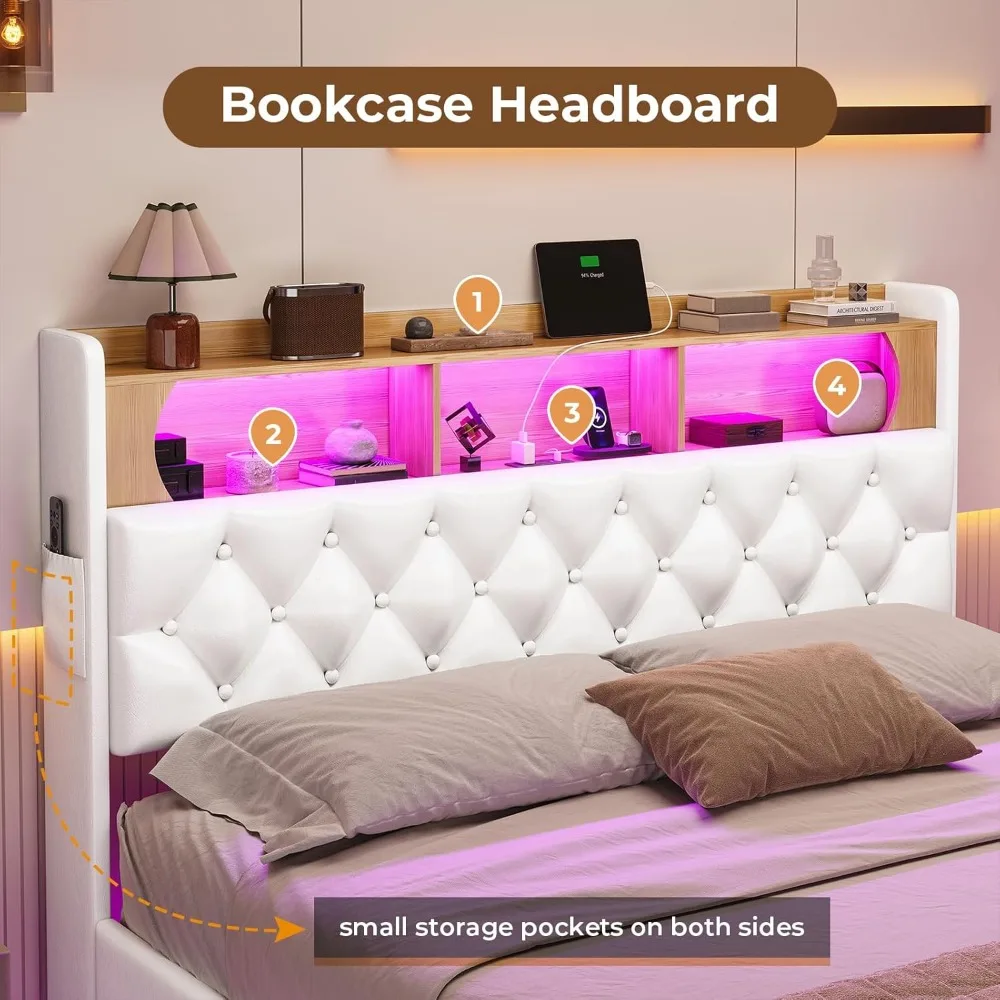 Full Bed Frame with LED Lights & Storage Headboard, Floating Platform Bed with Charging Station, Modern LED Floating Bed