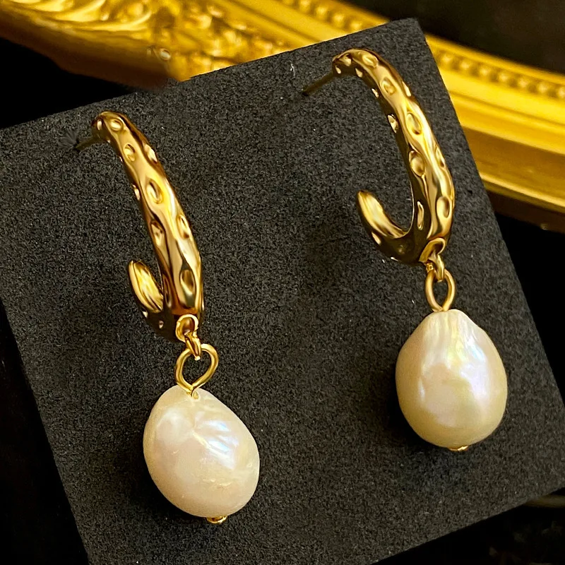 925 Sliver Vintage Natural Stone Beads Earrings for Women Gold Plated Double Layer C-shape Mini Hoops Fashion Jewelry