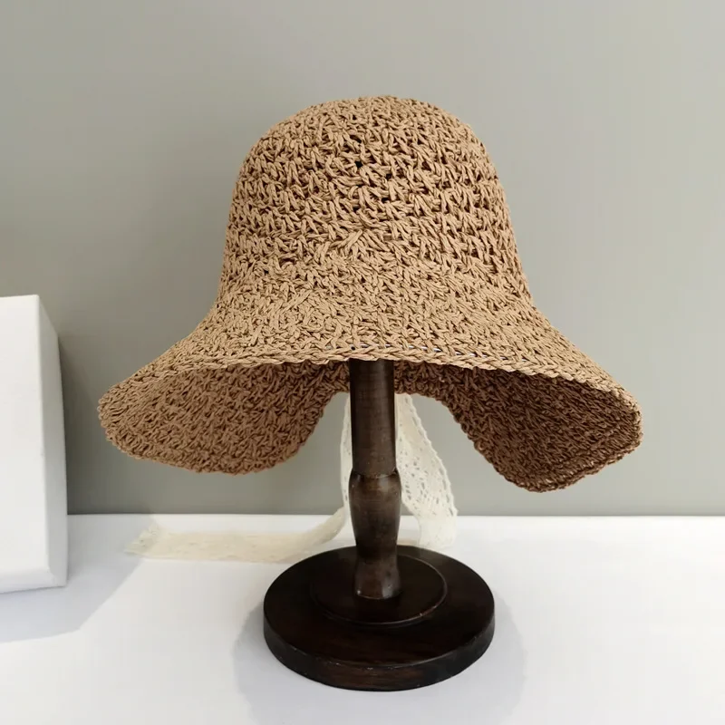 Women's Foldable UV Protection Straw Sun Hat Lace-Up Bow Design Ponytail-Friendly Bucket Cap for Beach Outdoor Travel