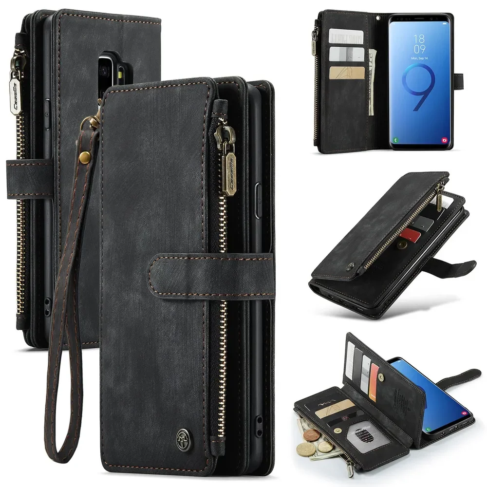 

Handbag Zip Wallet Case for Samsung Galaxy S9 Plus Wrist Strap Leather Magnetic Multi-Functional Phone Bag