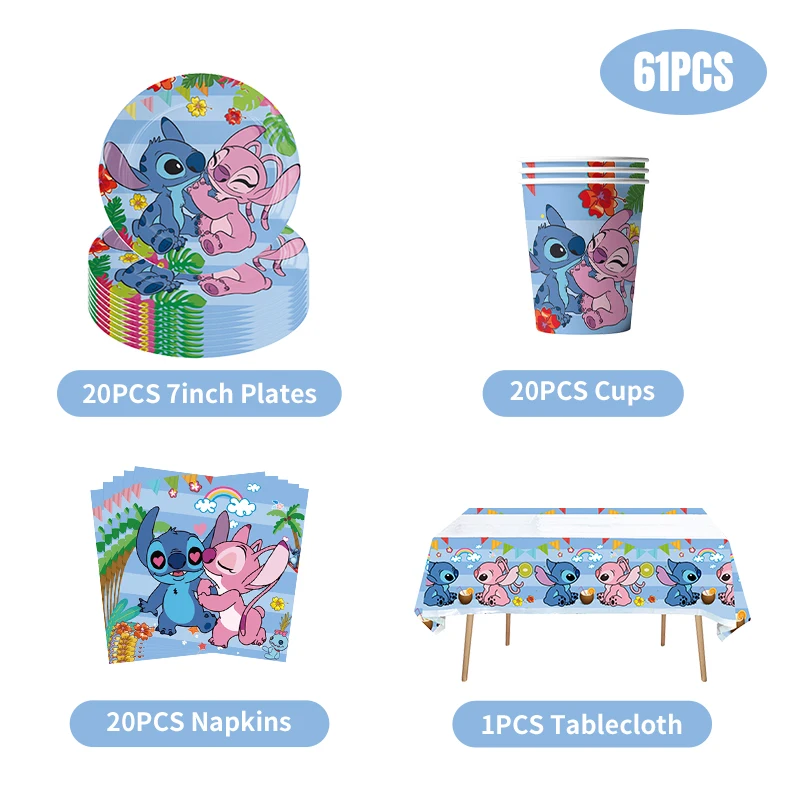 Disney Stitch Birthday Party Decorations Tableware Set Tablecloth Stitch Keychain Pink Balloons Party Favors For Kids Birthday