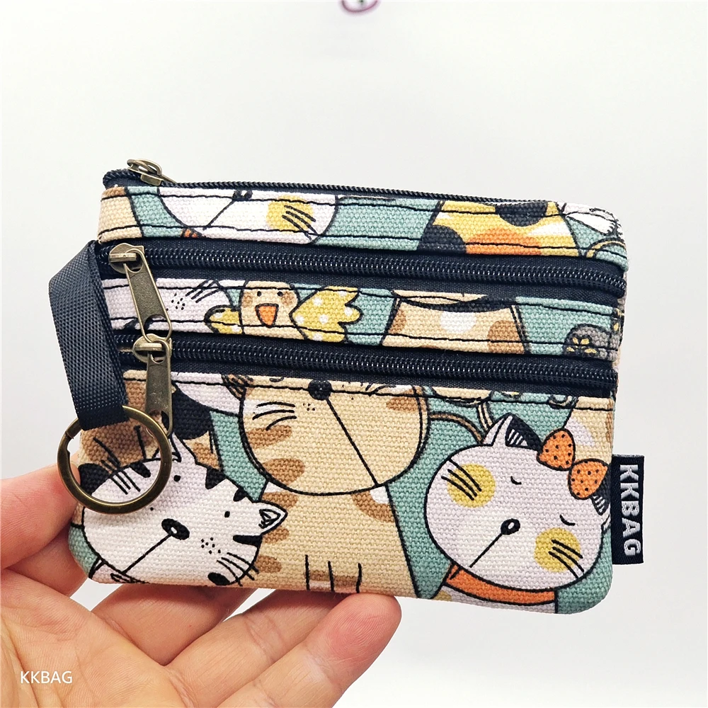 Women's Canvas Cartoon Prints Keychain Wallet Small Card Organizer Key Pouch Ladies Money Bag Coin Purse for Children Girls Boys