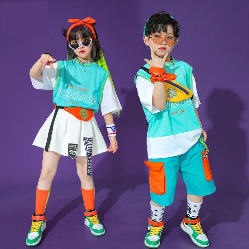 

Boys Hip Hop Set Fake-2-Pieces T-shirt Cargo Denim Shorts Girls Summer Skirt Clothes Kids Streetwear Child Jazz stage Costume