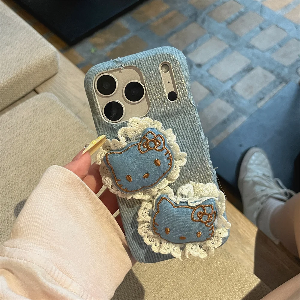 

Fashion denim 3D lace Hellokitty Korean Cute Phone Case For iPhone 17 Pro 15 14 13 16 Pro Max Cover With Holder Fundas Cases