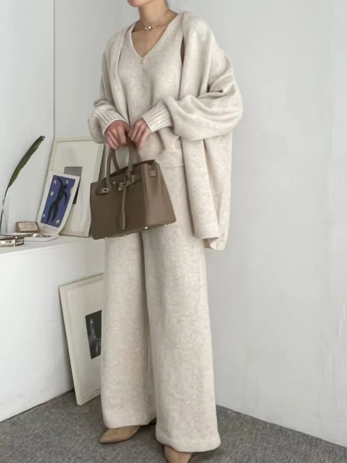 

Женский вязаный жилет Svel, свободный длинный открытый кардиган све, широкие повседневные брюки, комплект футболки, осень-зима, моя