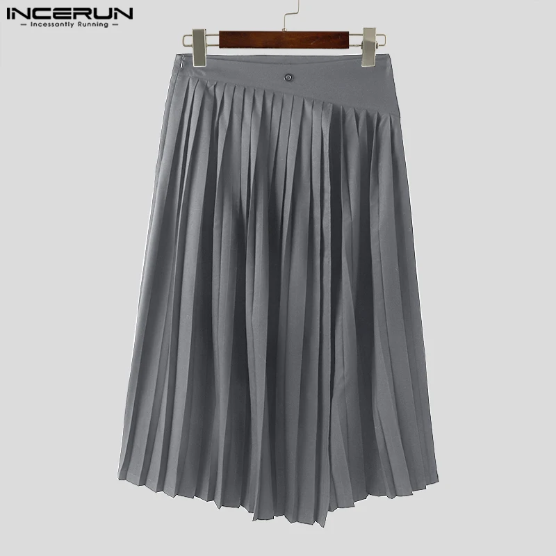 2023 Men Skirts Pleated Zipper Solid Loose Fashion Casual Unisex Irregular Skirts Pants Streetwear Split Men\'s Bottoms INCERUN