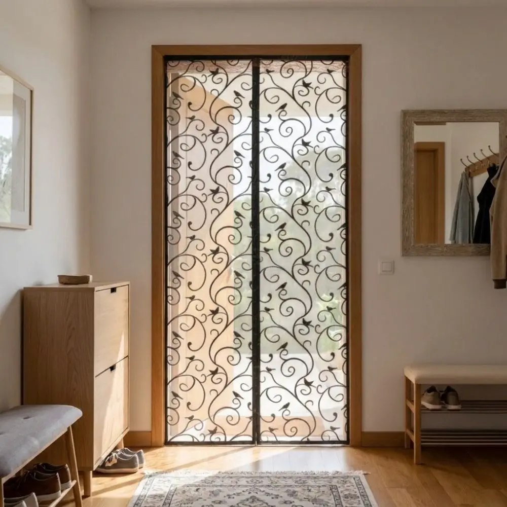 Vine Pattern Magnetic Screen Door Automatic No Drilling Mosquito-Proof Curtain Breathable Hands Free Design