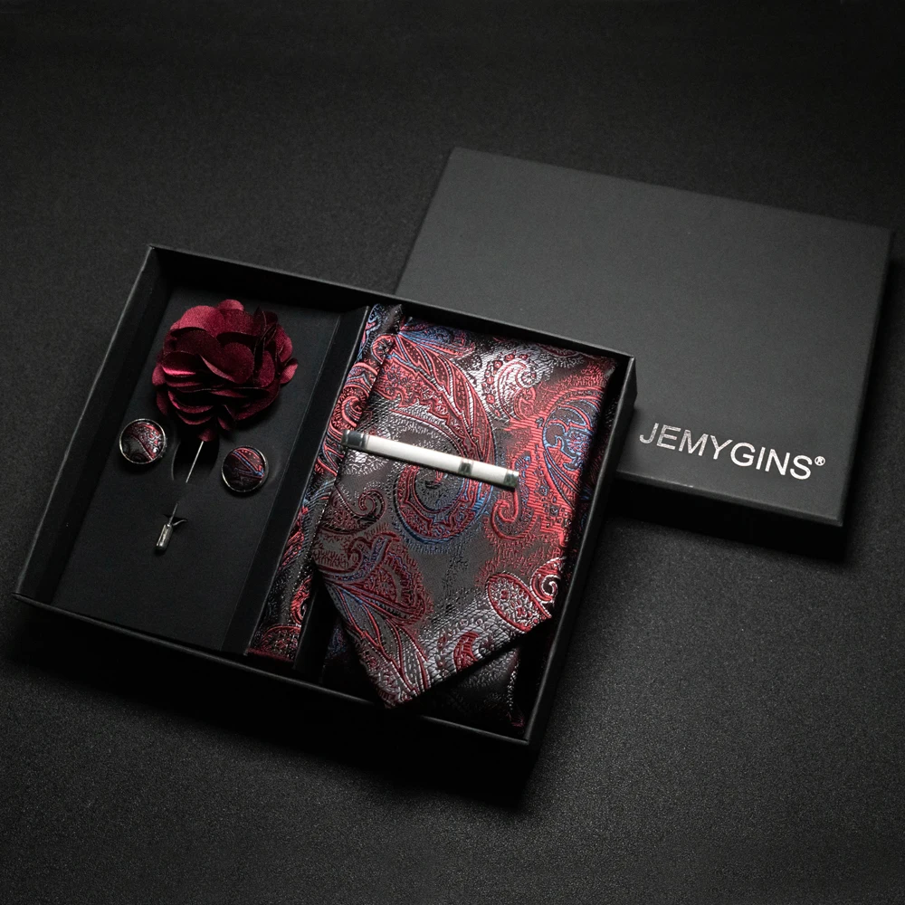 Weinrote Herrenkrawatte, Paisley-Seidenkrawatte, Einstecktuch, Manschettenknöpfe, luxuriöses Geschenkbox-Set, Hochzeitskrawatte, Accessoires, Krawatte für Herren – Detail 17