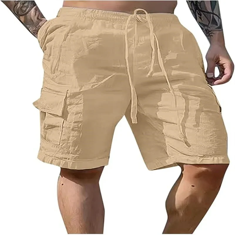 Men's loose outdoor breathable shorts made of cotton and linen with drawstrings and multiple pockets in workwear style.