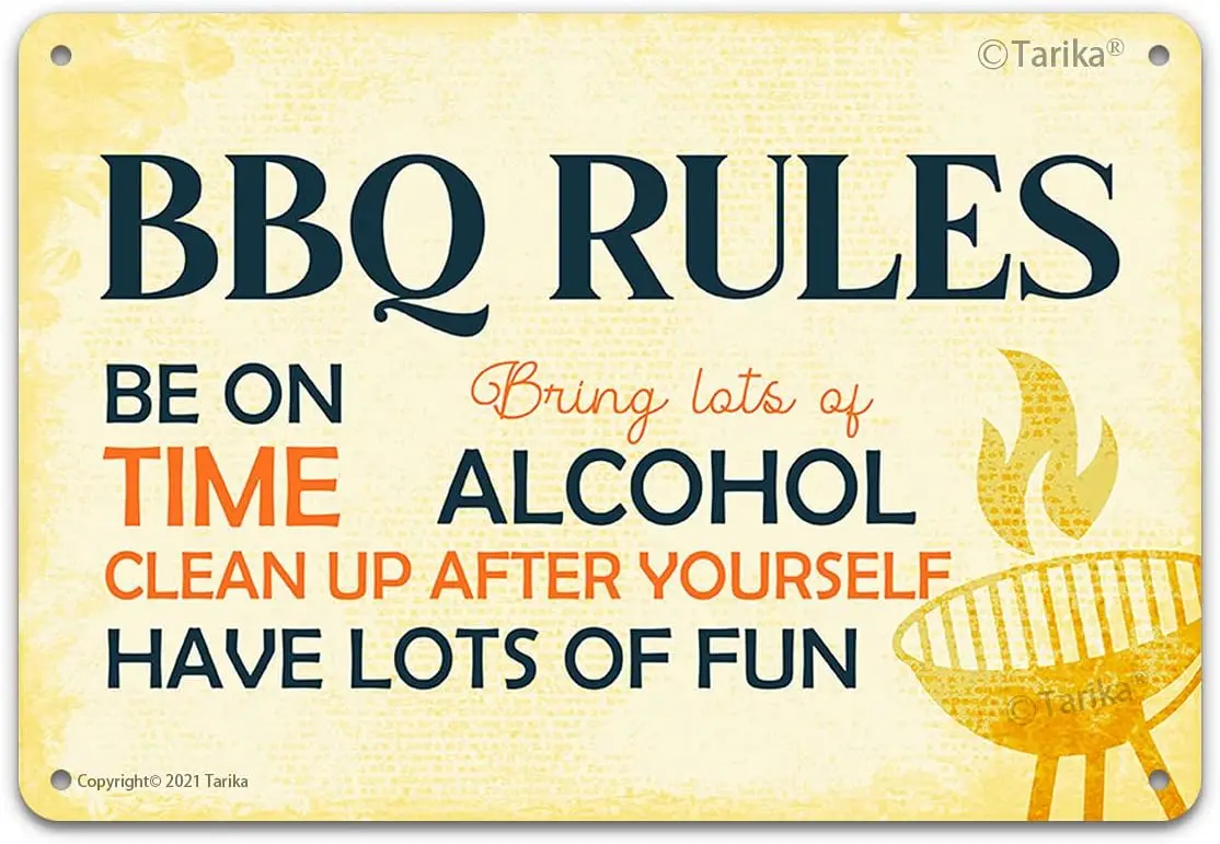 BBQ Rules Vintage Metal Hanging Plaque, Be On Time Clean Up After Yourself Bring Lots of Alcohol Have Lots of Fun, Retro Art Hom