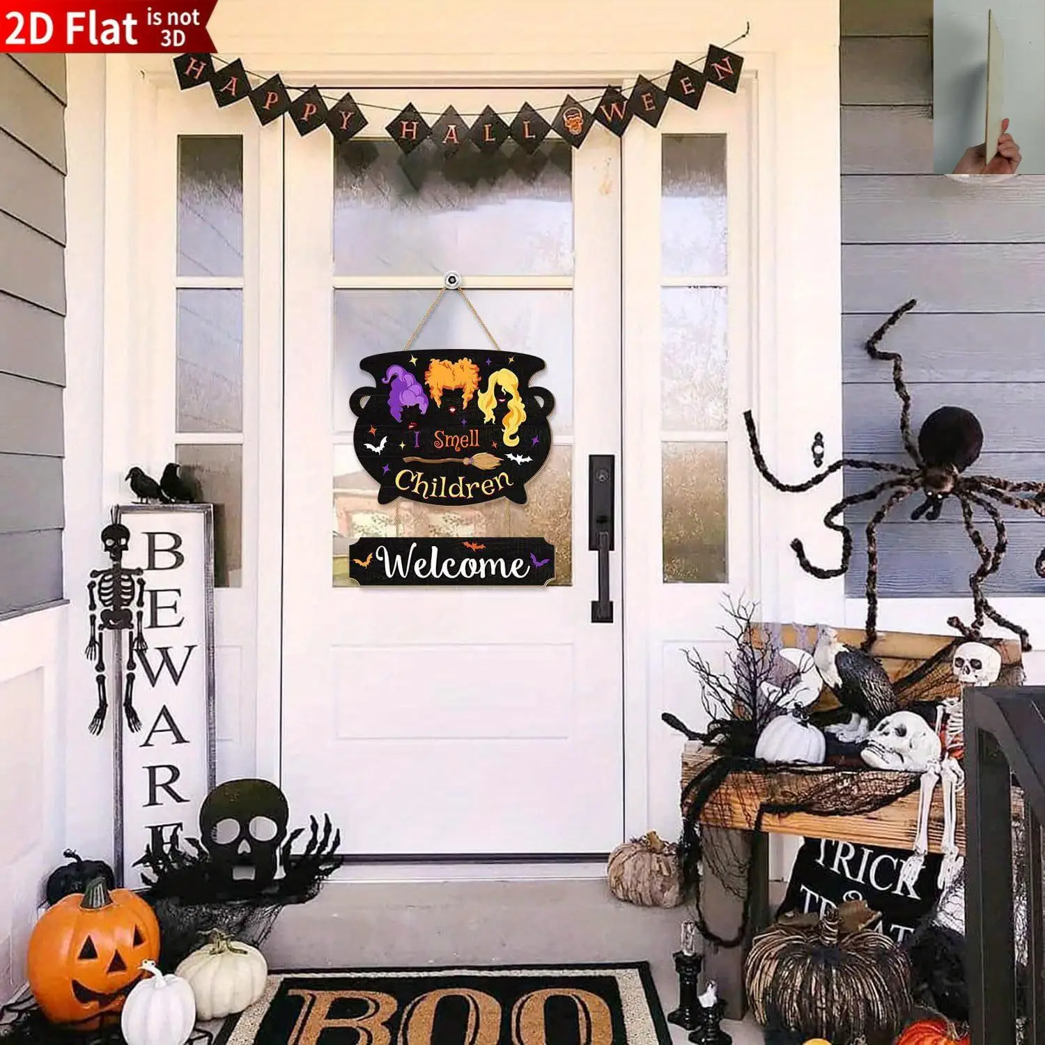 1-Piece 2D Flat Wooden Halloween Witch Cauldron Welcome Sign, Hanging Porch Decor for Farmhouse Door, Holiday Party Plaque