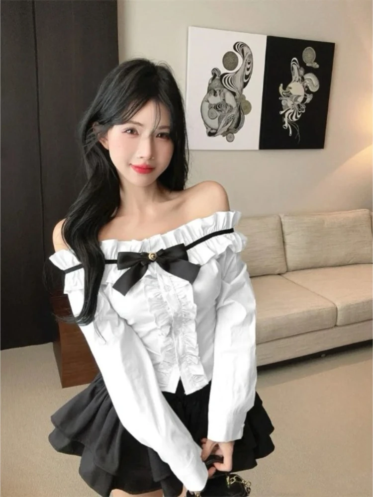

Sweet Bow Slash Neck Off Shoulder Long Sleeve Tops Women+ Y2k High Waist A-line Skirts Spring Autumn New Two Piece Sets