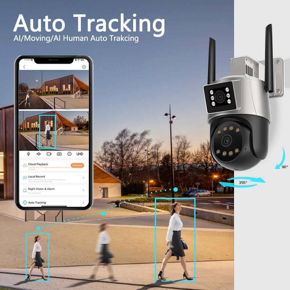 Câmera PTZ de tela dupla ao ar livre, 8MP, 4K, Wi-fi, cor, visão noturna, vigilância CCTV, rastreamento automático, lente dupla, ICSEE