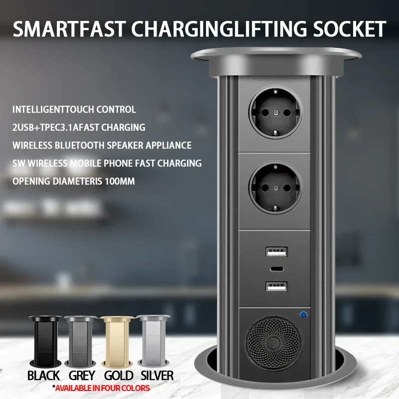 

Electric Lifting Sockets Hidden Tabletop Motorized Pop Up Retractable Outlet With USB Wireless Charging for Kitchen Office