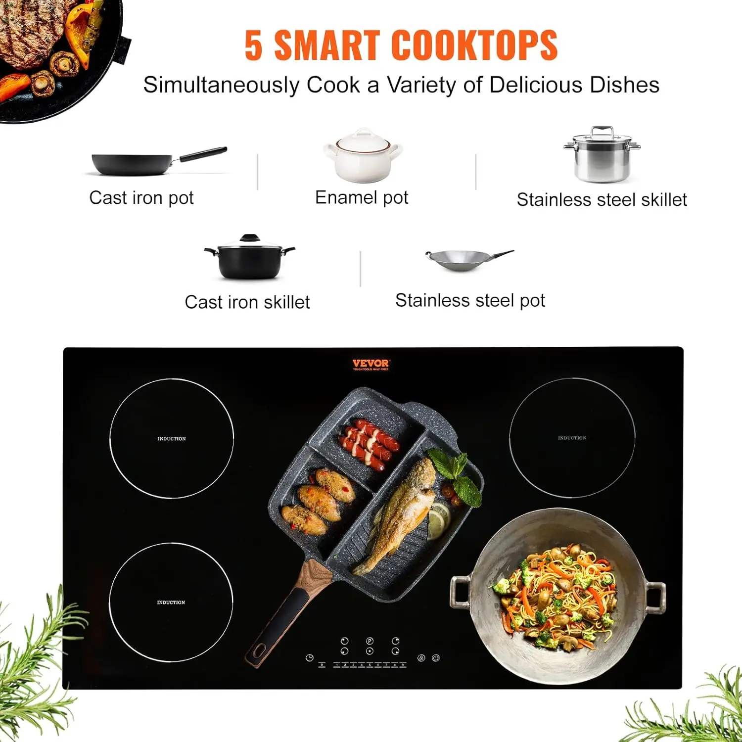 Electric  , 5 Burners, 36'' Induction Stove Top, Built-in Magnetic  9200W, 9 Heating Level  Bu