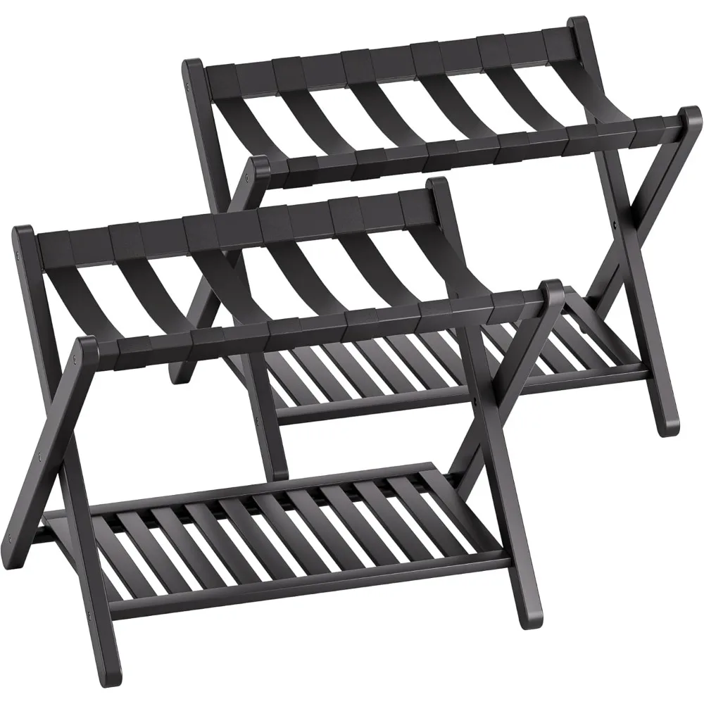 Luggage Rack, Set of 2, Foldable Bamboo Suitcase Stand with Storage Shelf for Guest Room, Bedroom, Hotel, Heavy-Duty (Black)