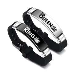 2Pcs/Set His Queen Her King Couple Bracelet Stainless Steel Adjustable Silicone Strap Bangle Valentine's Day Custom Jewelry Gift
