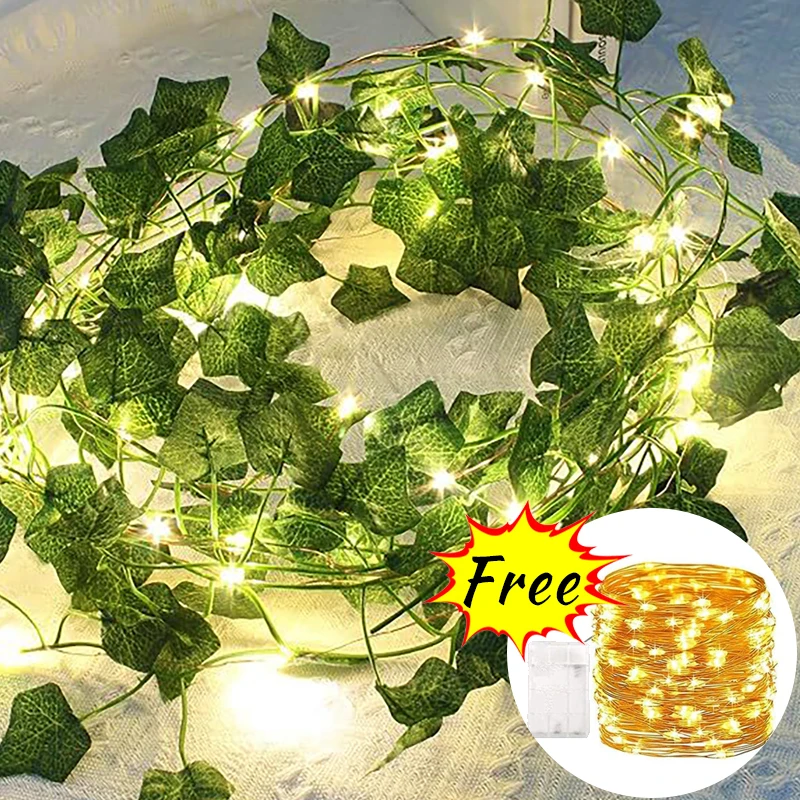 Artificial Green Ivy Leaf With Fairy Light Garland Hanging Vine Fake Leaf Plants Outdoor Garden Wedding Party Home Decorations