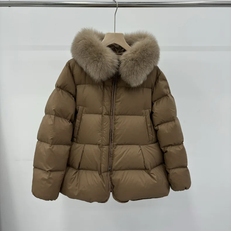 Schinteon Women 100% Real Fox Fur Collar White Duck Down Jacket with Hood Autumn Winter Warm Casual A-lined Warm Outwear Cape
