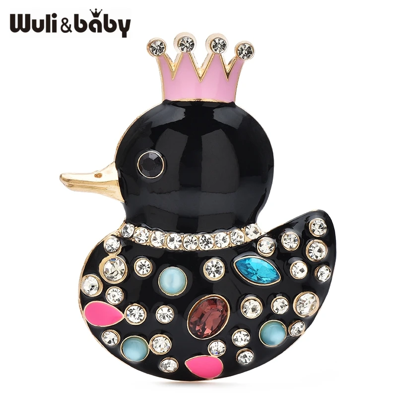 Wuli&baby Lovely Wear Crown Duck Brooches 4-color Enamel Rhinestone Animal Brooch For Women's Clothes Backpack Pins Gifts