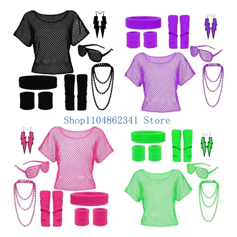 

5asd 80s Costume Accessories for Women,Fancy Dress Headband Earrings Gloves Necklace for 80s Retro Party Cosplay