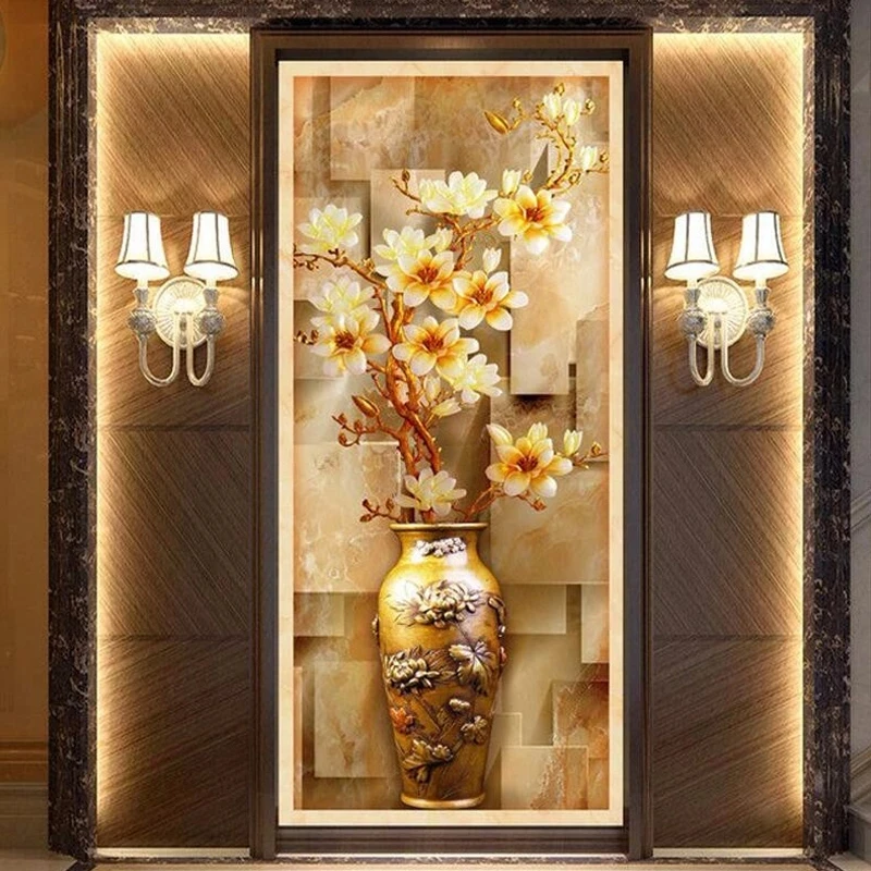 Custom 3D Murals Living Room Entrance Corridor Stereoscopic Relief European Magnolia Vase elf Adhesive Wallpaper Self Adhesive