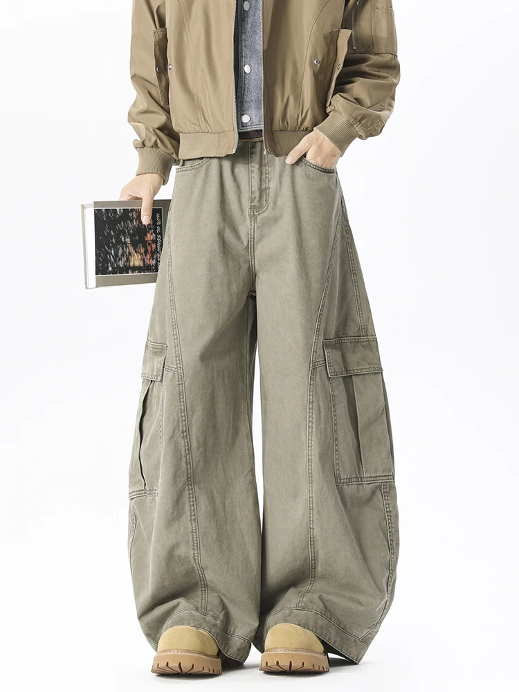 

American Retro 3D Tailored Men's Work Pants Autumn Trendy Brand Haome Multi-ket Loose Wide Leg Casual Pants