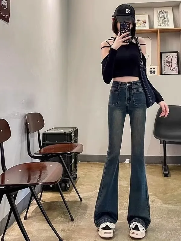 High Waist Slim Fit Micro Flared Jeans Women's Spring Autumn Denim Pants Double Button Stretchy Floor Length Elastic Ladies