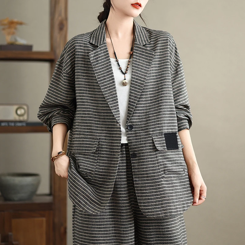 Abito casual a righe da donna taglie forti Allentato dimagrante Faionable Retro Set in due pezzi Pendolarismo Sle Lungo Sve Bottone singolo