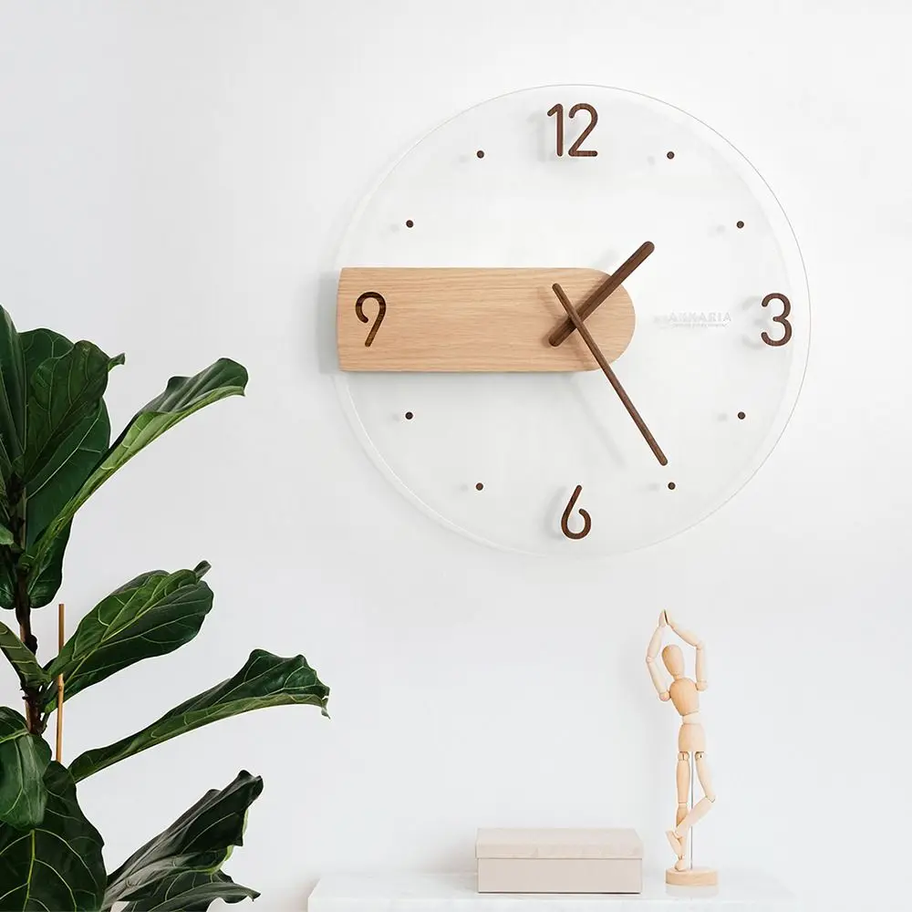 

Silent Transparent Wall Clock Easy to Read Punch Free Wooden 3D Hanging Clock Durable Solid Wood Art Wall Watch Office