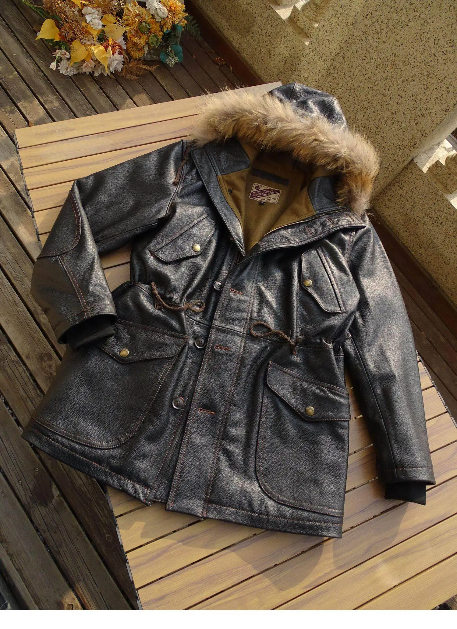 Black Winter Hooded Leather Jacket Men Retro Style Plus Size 5XL Genuine Natural Cowhide Thick Warm Multi-Pocket Coat