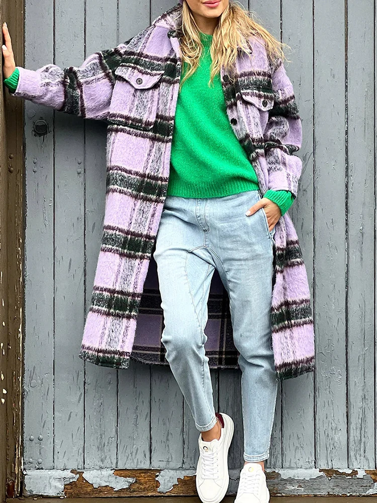 

GypsyLady Striped Elegant Chic Blends Coats Purple Autumn Winter Thick Warm Women Long Loose Casual Ladies Streetwear Jackets