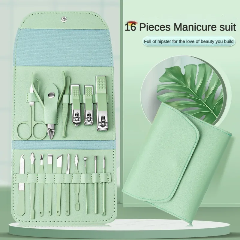 In Stock Nail Clippers Suit Full Set Matcha Green Nail Scissors16Set Manicure Implement Stainless Steel Nail Clippers Suit