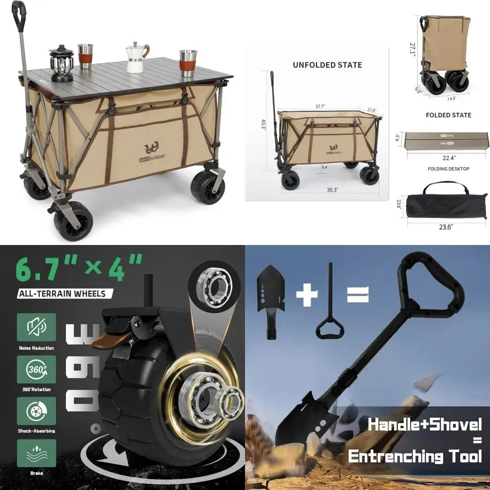 

Collapsible Heavy Duty All-Terrain Folding Utility Wagon, 440-Pound Capacity, Camping Cart with Table for Beach and Park Adventu
