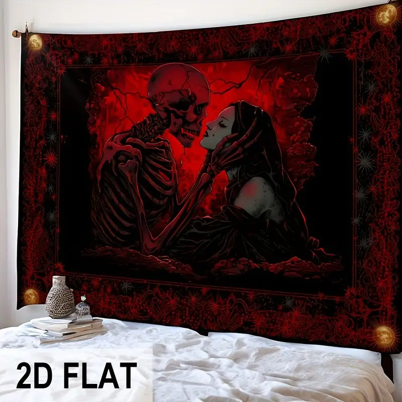 VIKAMA Gothic Skeleton Lover Tapestry Dark Red Skull Kiss Lady Wall Hanging Vintage Goth Aesthetic Bedroom Home Decor