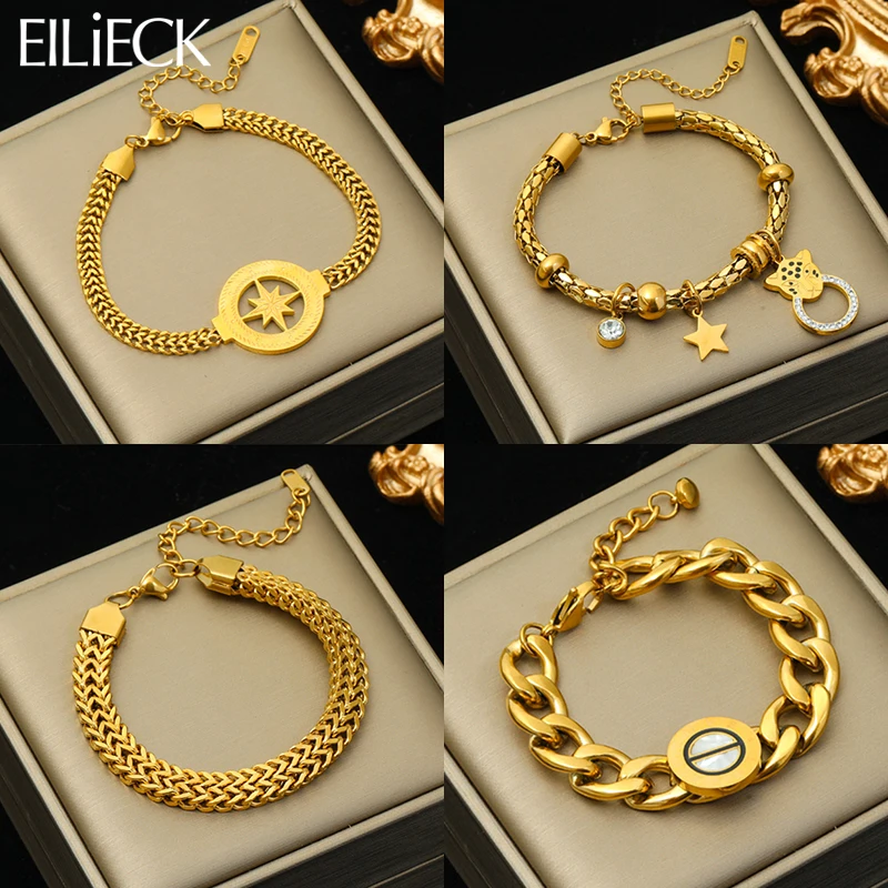 

EILIECK 316L Stainless Steel Star Leopard Charm Bracelet For Women Girl New Thick Chain Bangles Waterproof Jewelry Gift Party